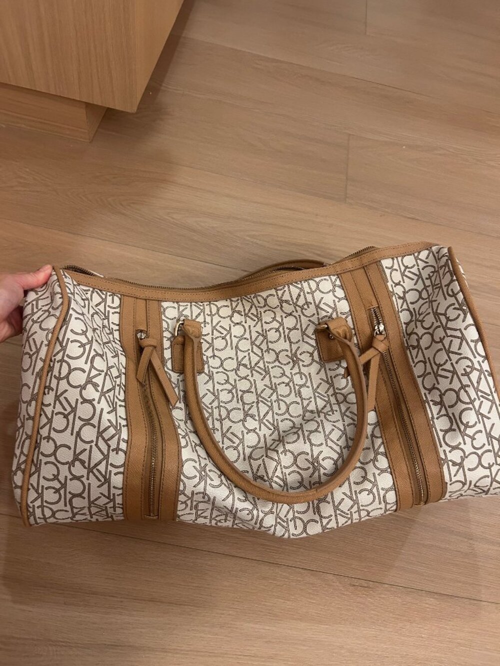 Calvin Klein Monogram Tote Bag – Beige & Tan Zip-Top